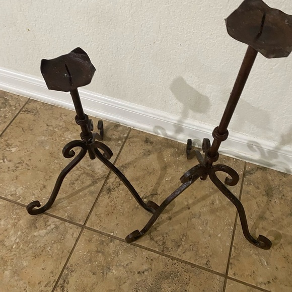 Vintage Wrought Iron Rustic Set Of (2) 16”& 21” Gothic Regency Candle Holders - Picture 14 of 16